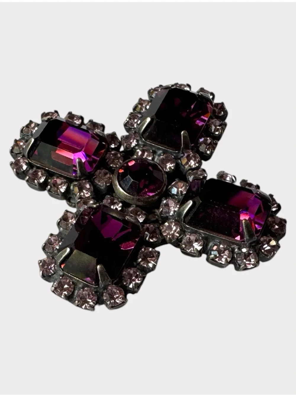 Liz Palacios Purple Rhinestone Cross Brooch Pin Vintage Style Statement Jewelry